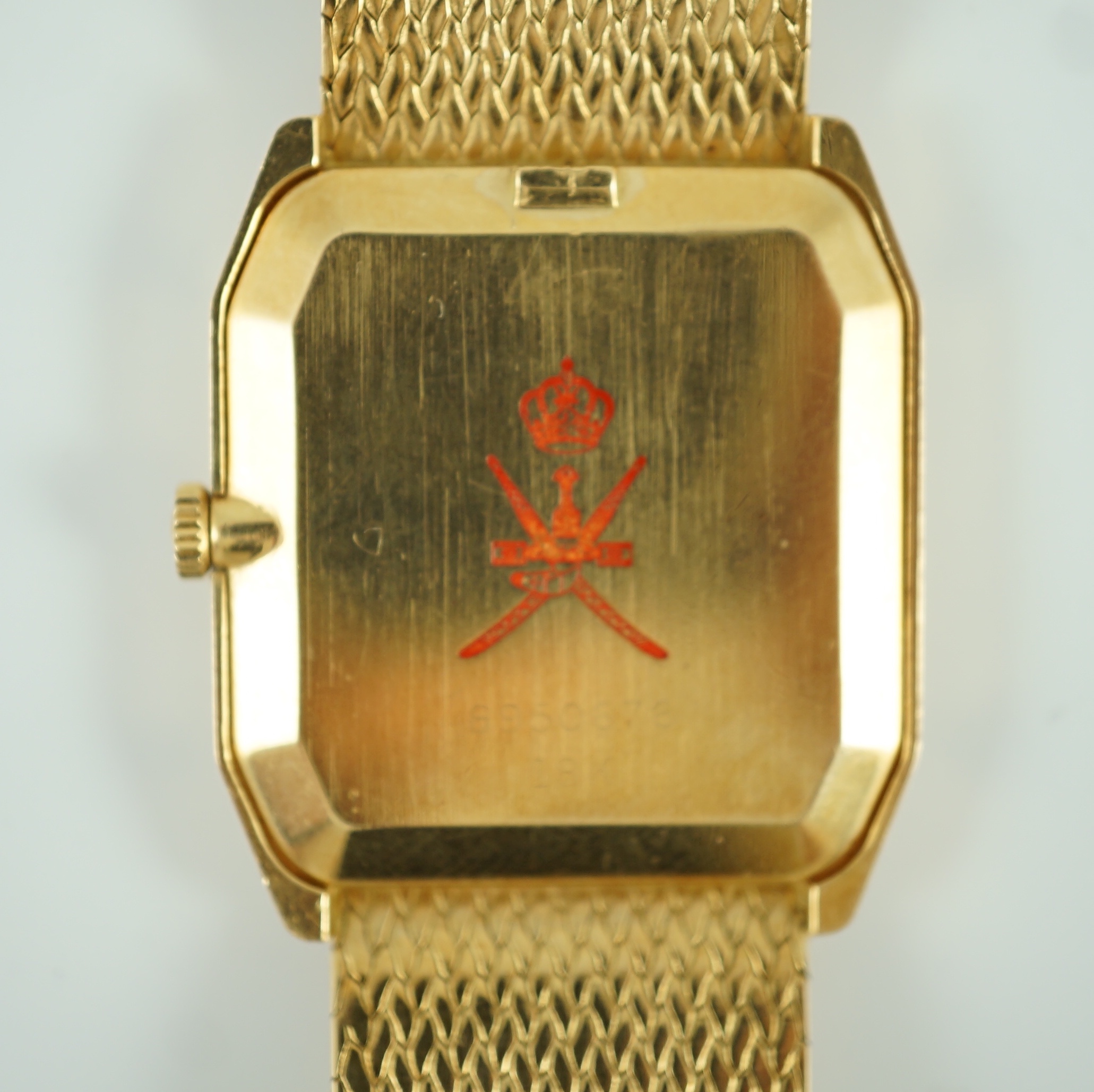 A gentleman's 1980's 18ct gold Rolex Cellini manual wind dress octagonal wrist watch, on 18ct gold Rolex bracelet embossed with the word 'Rolex'